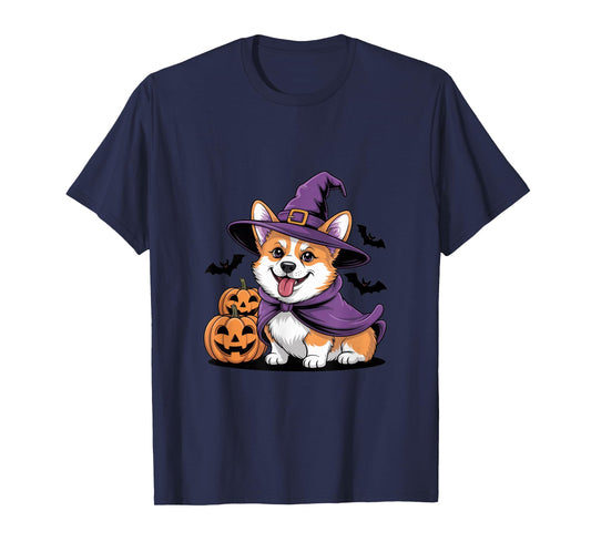Adorable Corgi in Witch Hat for Dog Lovers Halloween Fun T-Shirt