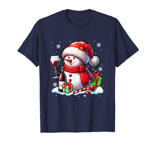 Santa Snowman Drinking Wine Christmas Funny Drinker Family T-Shirt