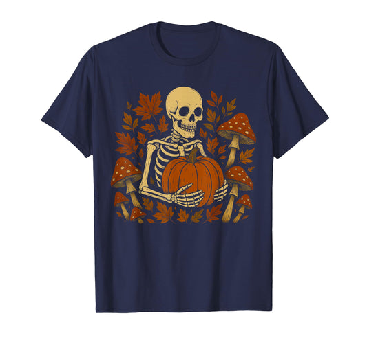 Fall Cottagecore Aesthetic Floral Mushroom Skeleton Pumpkin T-Shirt