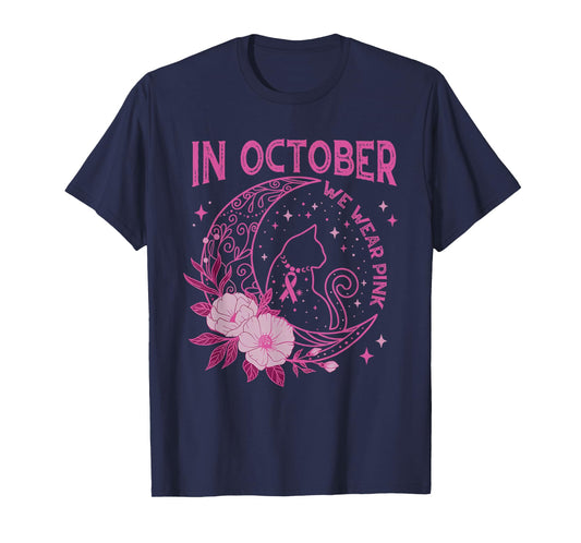 In October We Wear Pink Flower Cat Moon Graphic Tee Women T-Shirt