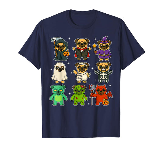 Cute Pug Dogs Witch Pumpkin Skeleton Costume Happy Halloween T-Shirt