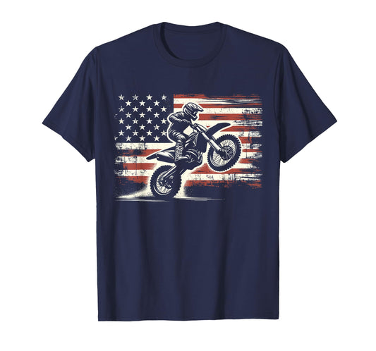 Dirt Bike American Flag Motocross Biker Vintage USA T-Shirt for Women Girls Kids Men