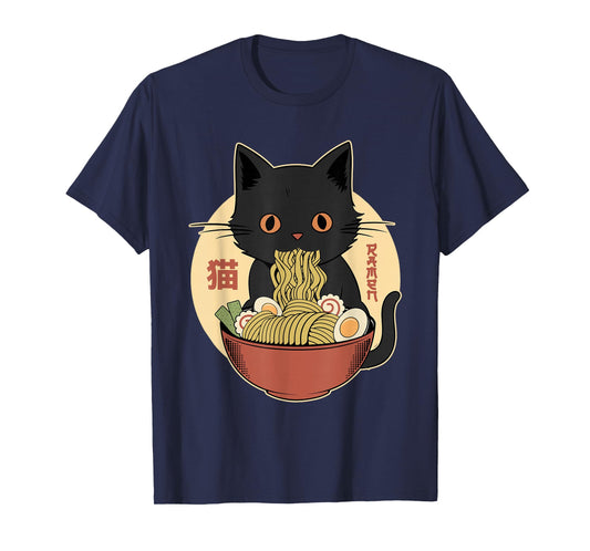 Cat Ramen Funny Graphic Tees Japanese Kawaii Cat Anime T-Shirt
