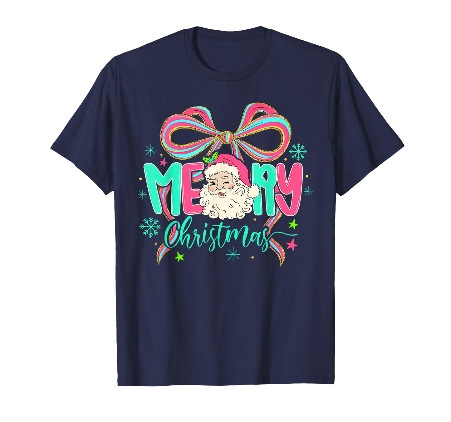 Coquette Bow Merry Christmas Xmas Santa Snowflake Holiday T-Shirt