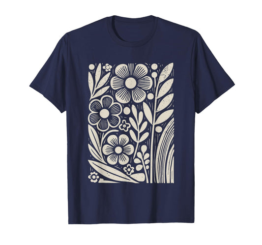 Botanical Floral Line Art Minimalist Nature Linocut Print T-Shirt