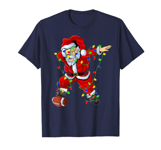 Dabbing Santa Football Christmas Lights Sporty Player Xmas T-Shirt
