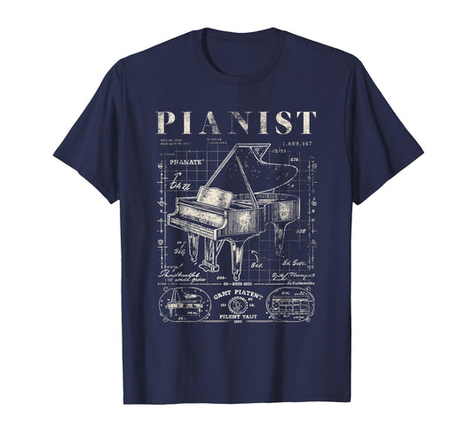 Old Grand Piano Shirt Vintage Patent Drawing Print Pianist T-Shirt