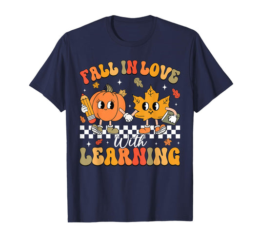 Retro Fall In Love With Learning Autumn Pumpkin Teacher T-Shirt