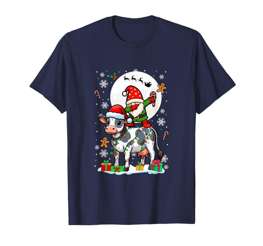 Dabbing Gnome On Cow Christmas Santa Colorful Lights T-Shirt