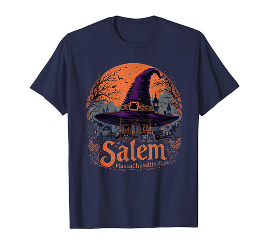 Vintage Salem Massachusetts Halloween Skyline Cityscape T-Shirt