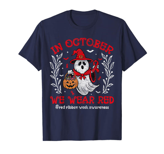 In October We Wear Red For Red Ribbon Week Awareness Ghost T-Shirt