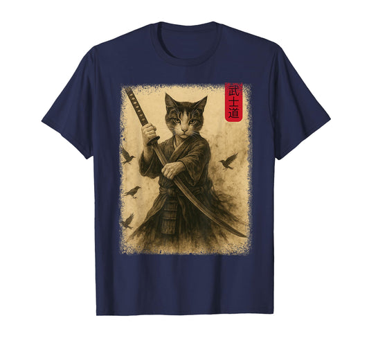 Samurai Cat Graphic Warrior Vintage Japanese Cat Anime T-Shirt for Men Women Kids