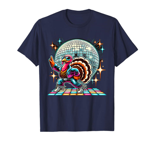 Disco Turkey Halloween Tees Unisex-Adult Black Cartoon Turkey Disco T-Shirt Small Straight Short Sleeve T-Shirt