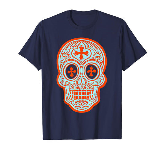 Vintage Calavera Sugar Skull Orange and Blue Design T-Shirt