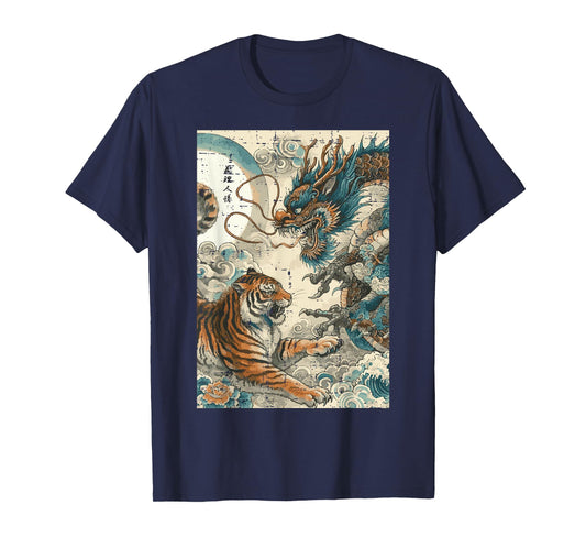 Japanese Tiger Fighting Dragon Vintage Art Women Men Kids T-Shirt