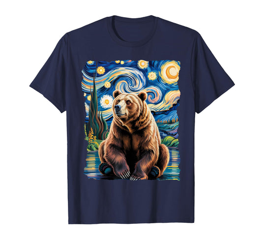 Fat Bear Week Van Gogh Style Starry Night Grizzly Bear T-Shirt