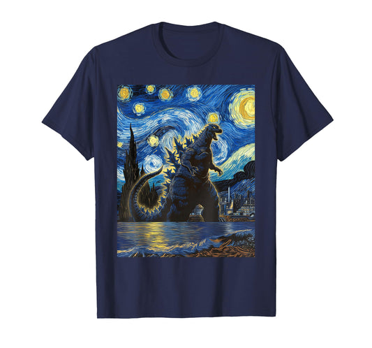Vintage Japanese Monster Kaiju in Van Gogh Starry Night Art T-Shirt