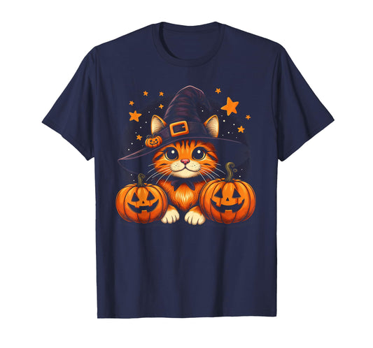 Orange Tabby Cat Halloween Graphic for Men Women Cat Lover T-Shirt