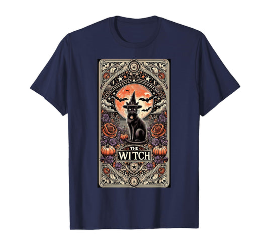 Vintage Gothic The Witch Black Cat Tarot Card Halloween 2024 T-Shirt