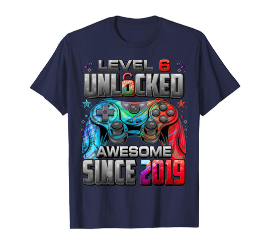 Level 6 Unlocked Awesome Since 2019 6th Birthday Gaming T-Shirt
