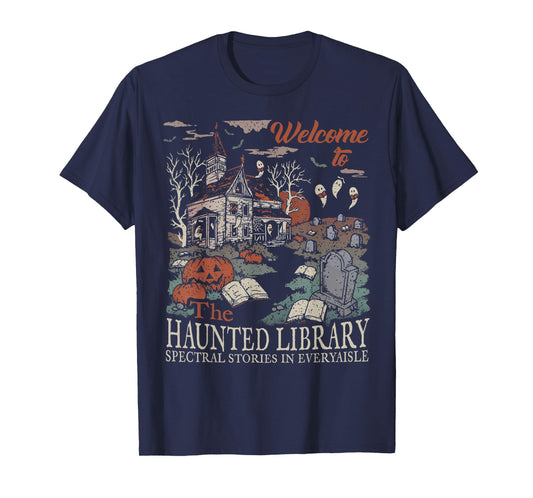 Retro Welcome To The Haunted Library Book Lovers Halloween T-Shirt