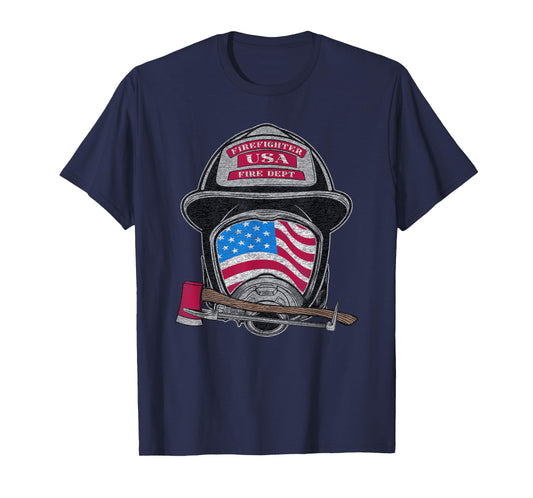 Firefighter Fireman Helmet American Flag USA Vintage Graphic T-Shirt