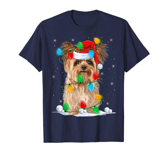 Yorkshire Terrier Dog Christmas Lights Funny Santa Hat Xmas T-Shirt