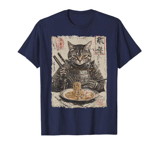 Samurai Cat Loves Ramen Funny Anime Japanese Artwork Samurai T-Shirt