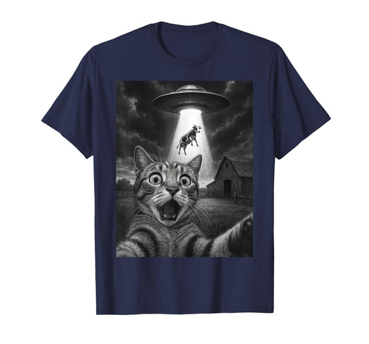 Cat Selfie With Alien and Cow - Funny Cat UFO T-Shirt for Men Women Kids