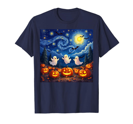 boo ghost halloween pumpkin Starry Night Van Gogh men women T-Shirt