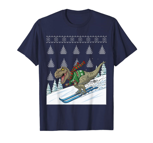 Dinosaur T-Rex Skiing Ski Snow Ugly Christmas T-Shirt