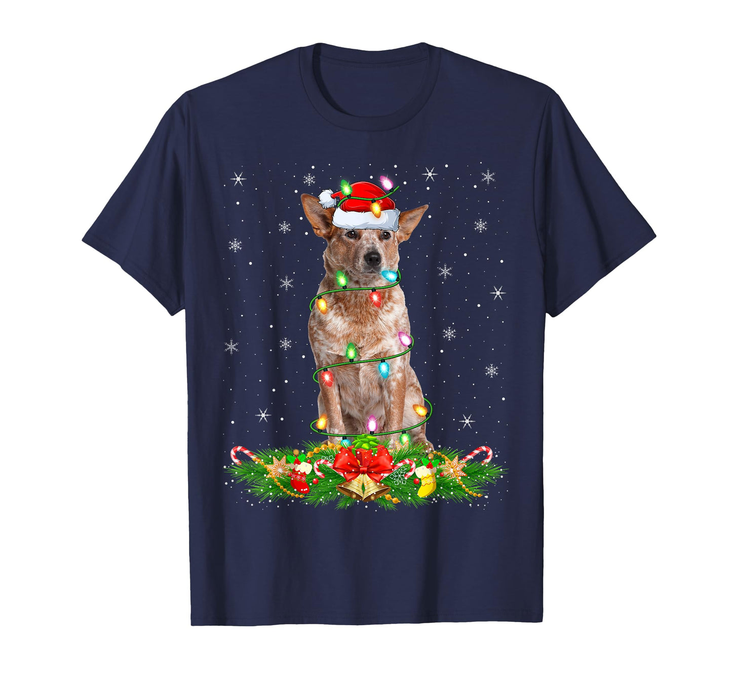 Australian Cattle Dog Christmas Lights Funny Santa Hat Xmas T-Shirt