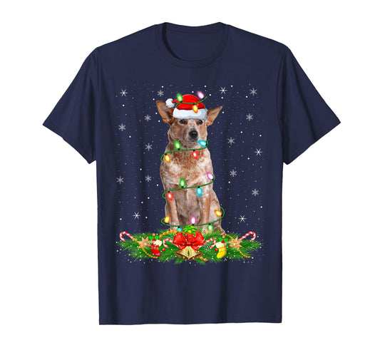 Australian Cattle Dog Christmas Lights Funny Santa Hat Xmas T-Shirt