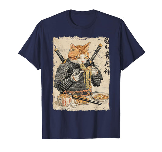 Samurai Cat Loves Ramen Funny Anime Japanese Artwork Samurai T-Shirt