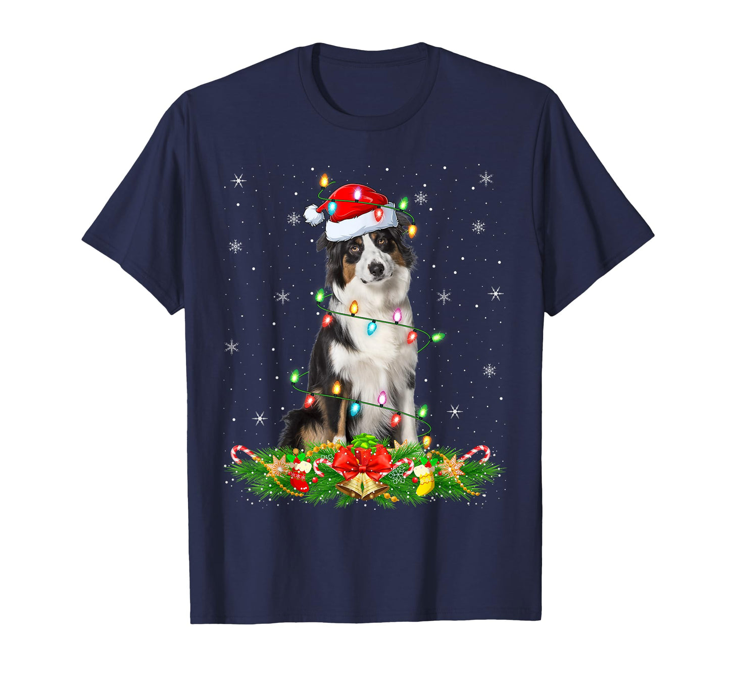 Australian Shepherd Dog Christmas Lights Santa Hat Xmas T-Shirt