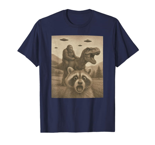 Funny Racoon Selfie Bigfoot Riding T rex UFO Bigfoot T-Shirt