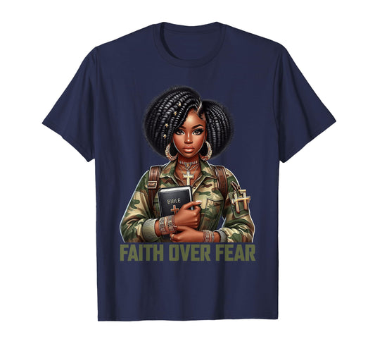 Faith Over Fear Christian Camo African American Afro Women T-Shirt