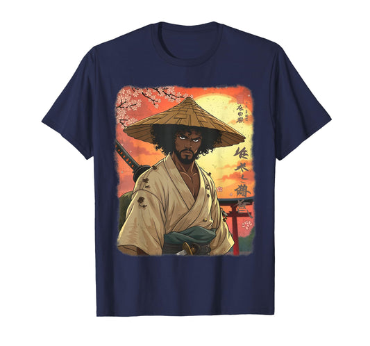 Afro American Samurai African Warrior in Anime with Katana T-Shirt