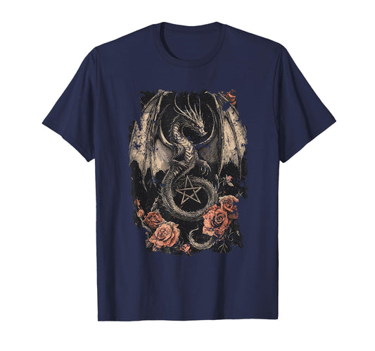 Dragon with Pentagram and Roses - Gothic Dragon T-Shirt
