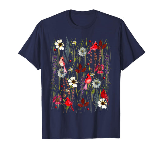 Vintage Cottagecore Wildflower Red Cardinal Bird Lover T-Shirt