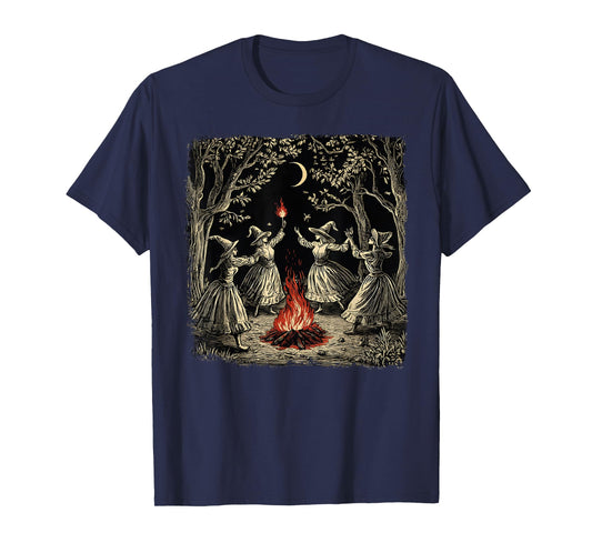 Vintage Witch Coven Dancing Around Bonfire Halloween Witches T-Shirt