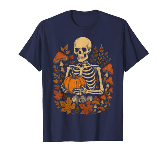 Fall Cottagecore Aesthetic Floral Mushroom Skeleton Pumpkin T-Shirt