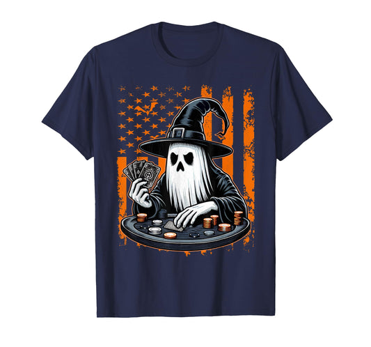 Poker Ghost Halloween Scary Costume Poker Player USA Flag T-Shirt