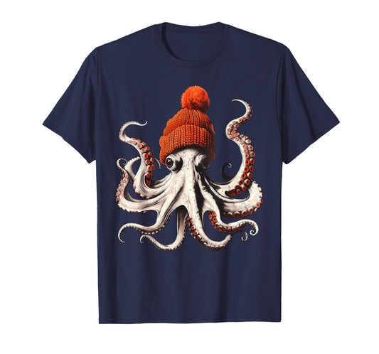 Octopus Wearing Beanie Retro Graphic Marine Biology Ocean T-Shirt