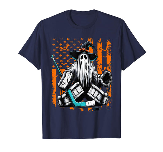 Hockey Goalie Ghost Halloween American Flag Ice Hockey T-Shirt
