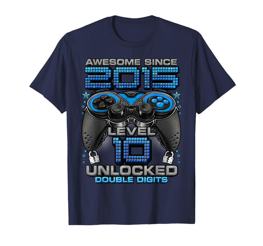 Level 10 Unlocked Awesome Since 2015 10th Birthday Gaming T-Shirt