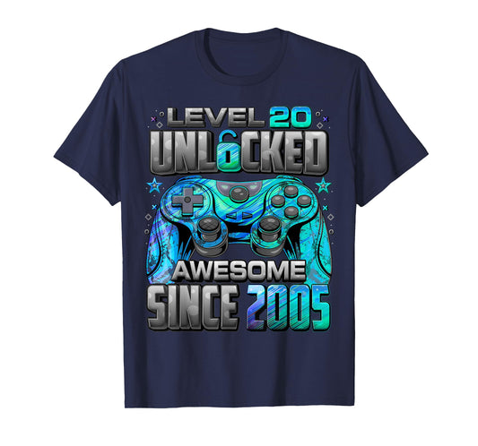 Level 20 Unlocked Awesome Since 2005 20th Birthday Gaming T-Shirt