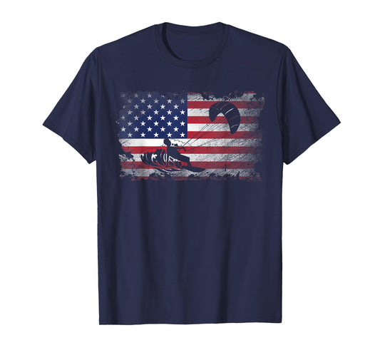 Distressed American Flag Kiteboarding USA Patriotic Gift Women Kids Men T-Shirt