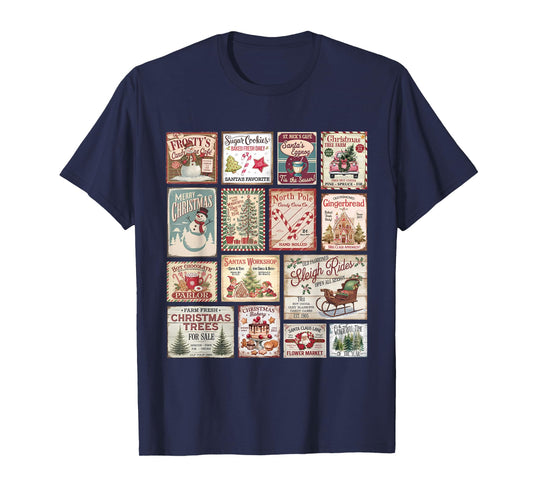 Retro Vintage Merry Christmas Stamps Santa Claus Hot Cocoa T-Shirt