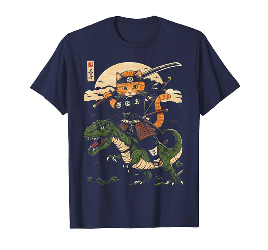 Samurai Cat Riding Dinosaur Vintage Warrior Japanese Art Tee T-Shirt for Men Women